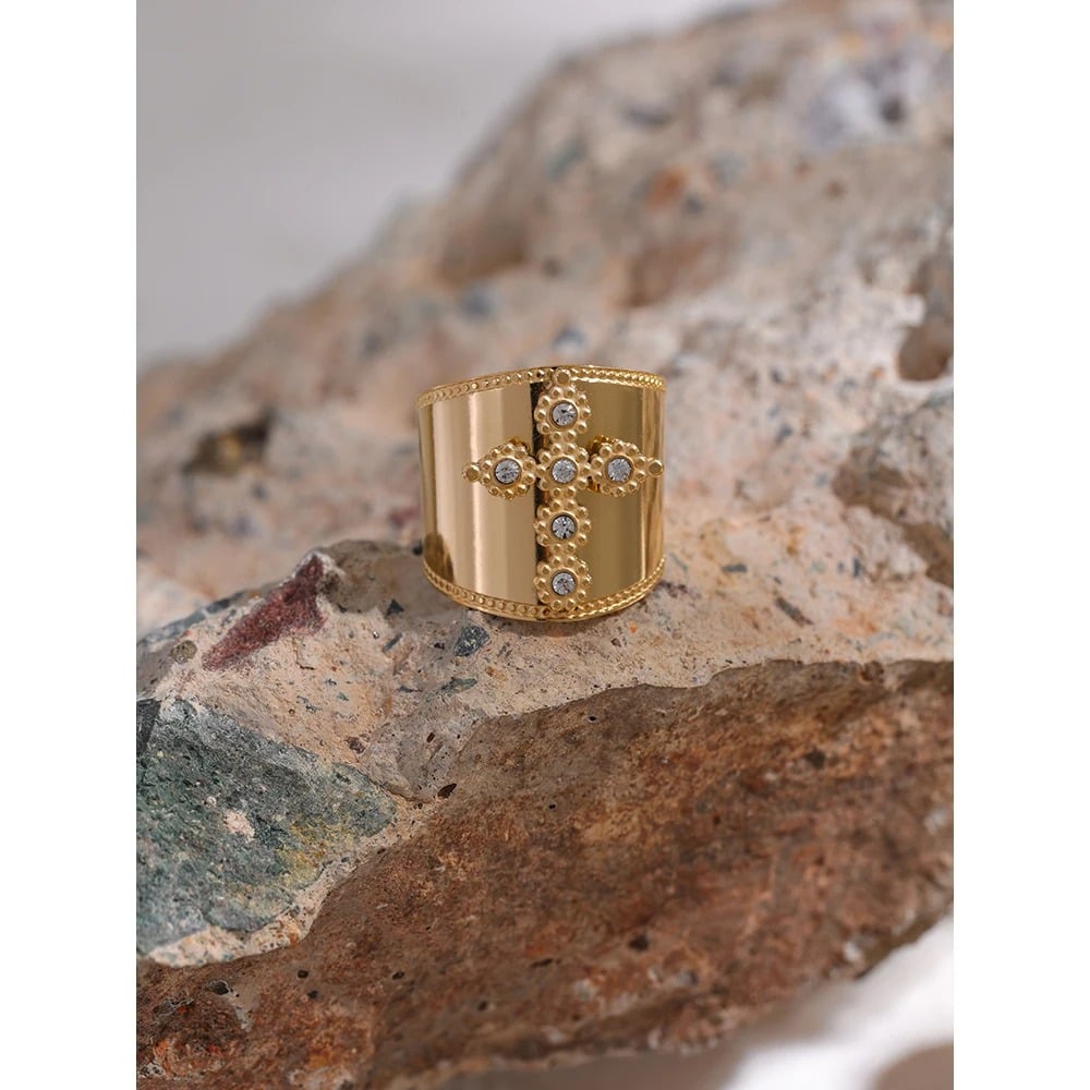 Inel Theodora, auriu, cu model cruce, din otel inoxidabil placat cu aur 18K, reglabil