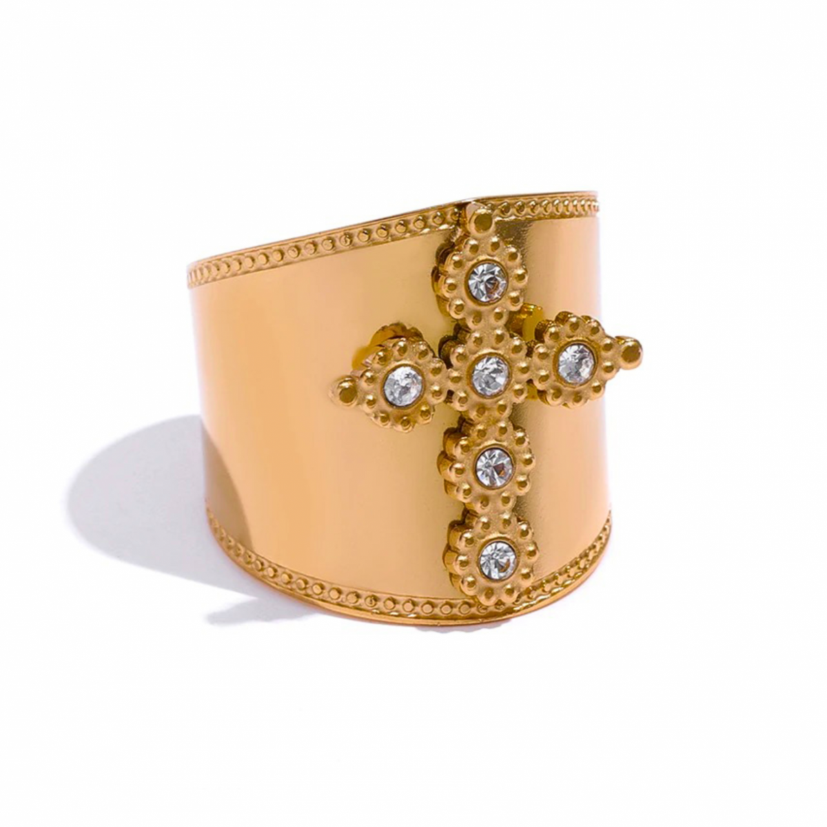 Inel Theodora, auriu, cu model cruce, din otel inoxidabil placat cu aur 18K, reglabil