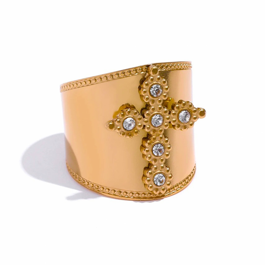 Inel Theodora, auriu, cu model cruce, din otel inoxidabil placat cu aur 18K, reglabil