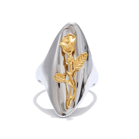 Inel Megan, argintiu, oval, din otel inoxidabil placat cu aur 18K, reglabil - Colectia Floral Paradise