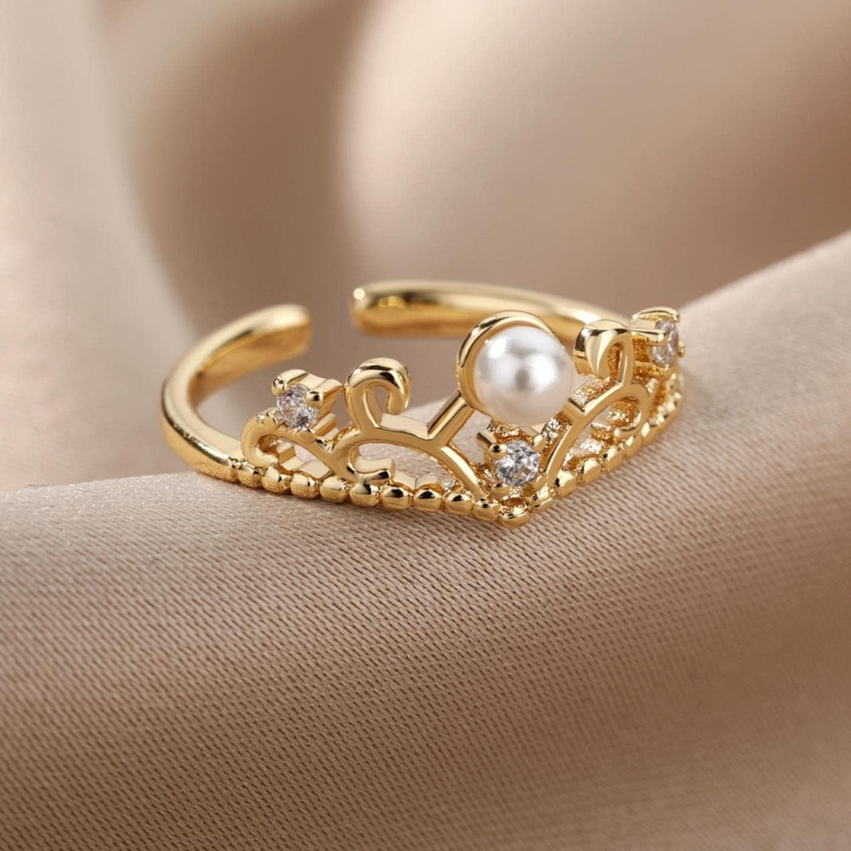 Mireya ring, gold, stainless steel, crown-shaped, decorated with zirconia and pearl, adjustable