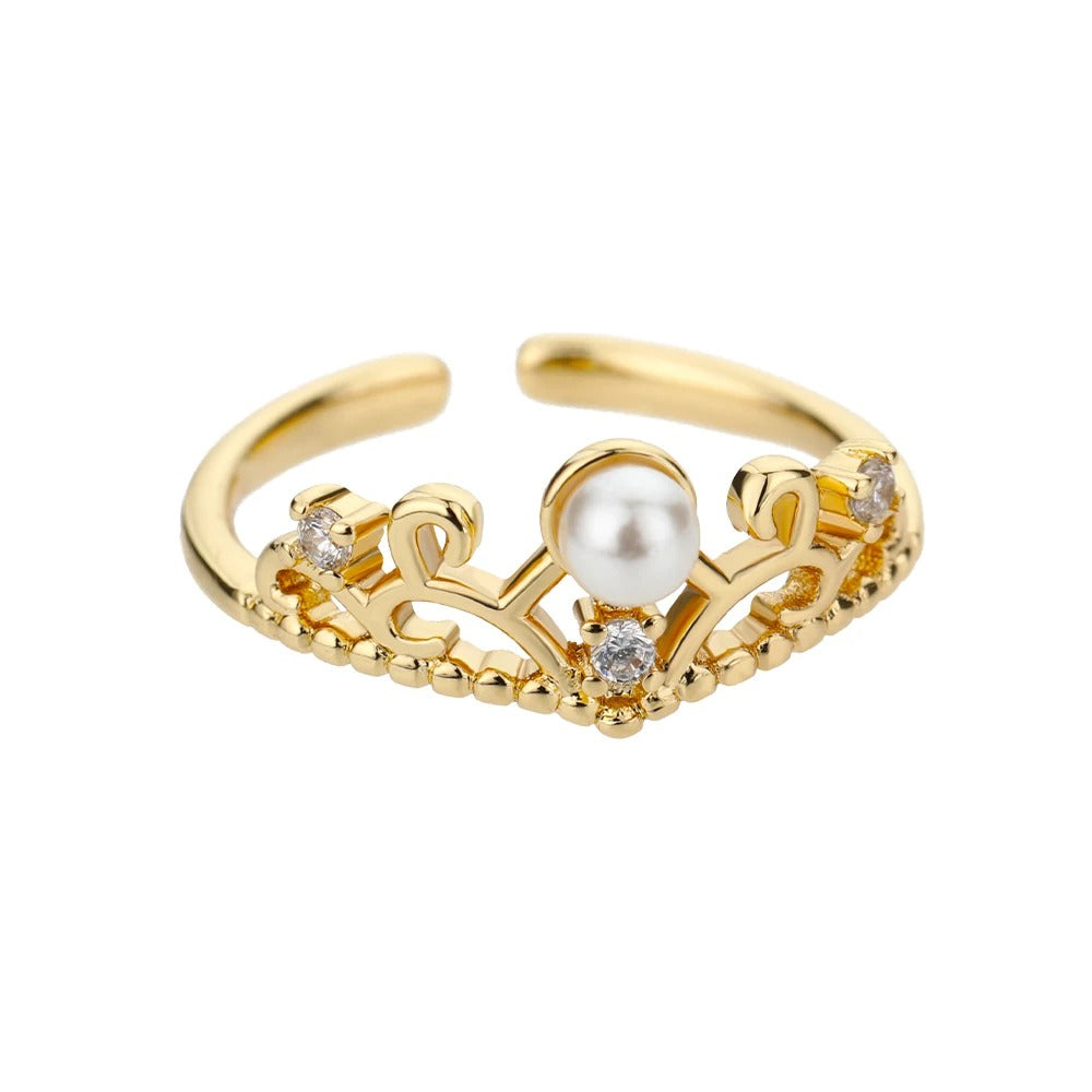 Mireya ring, gold, stainless steel, crown-shaped, decorated with zirconia and pearl, adjustable