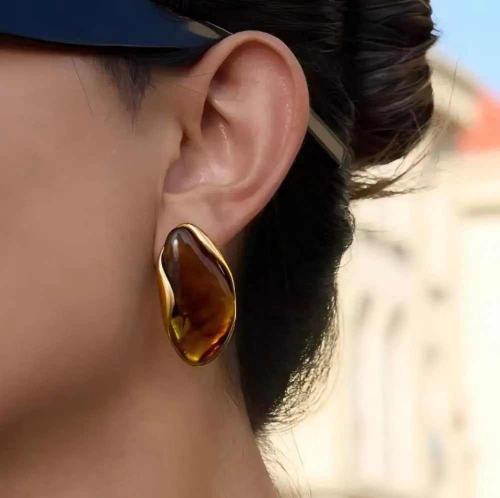 Cercei Saige, aurii, model retro, cu pietre, din oțel inoxidabil placat cu aur 18K