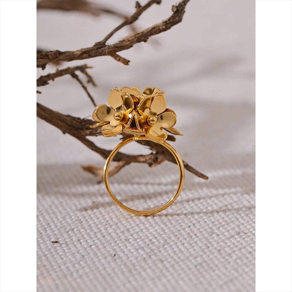 Inel Zoya, auriu, din otel inoxidabil placat cu aur 18K, cu model floral, reglabil
