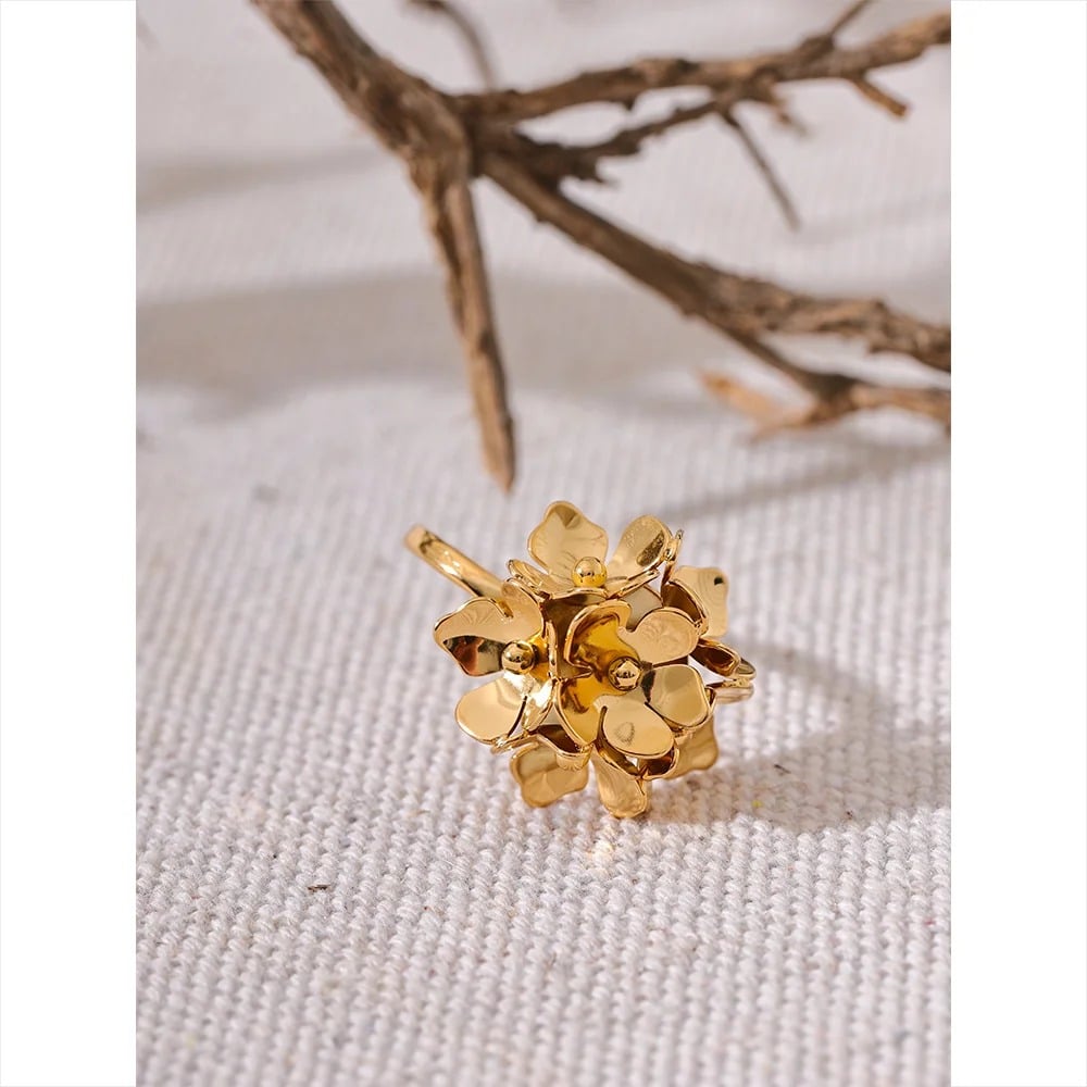 Inel Zoya, auriu, din otel inoxidabil placat cu aur 18K, cu model floral, reglabil