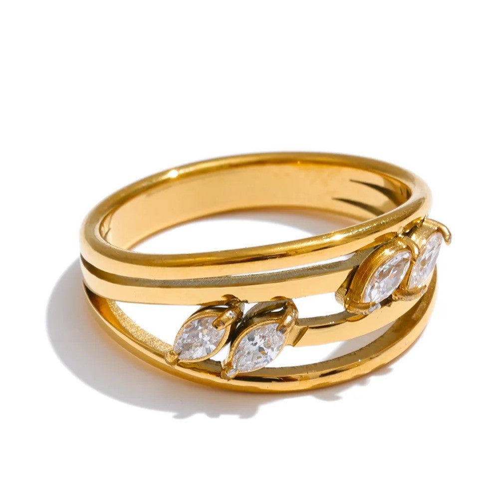 Inel Zadie, auriu, cu zirconiu, din otel inoxidabil placat cu aur 18K