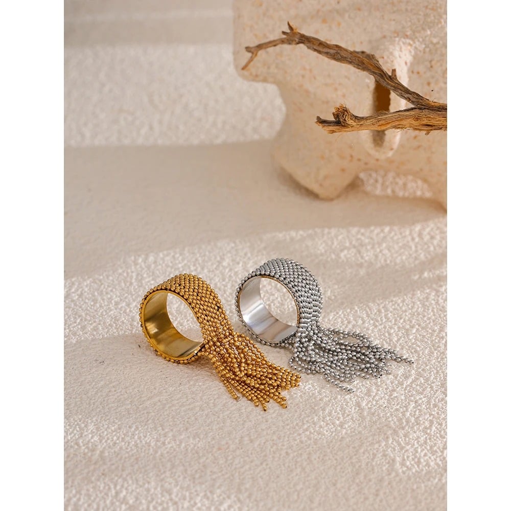 Inel Gracie, auriu/ argintiu, din otel inoxidabil placat cu aur 18K, model cu margele, reglabil - Colectia Glamour