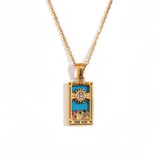 Colier Enya, auriu, cu pandantiv motive tarot, din otel inoxidabil placat cu aur 18K