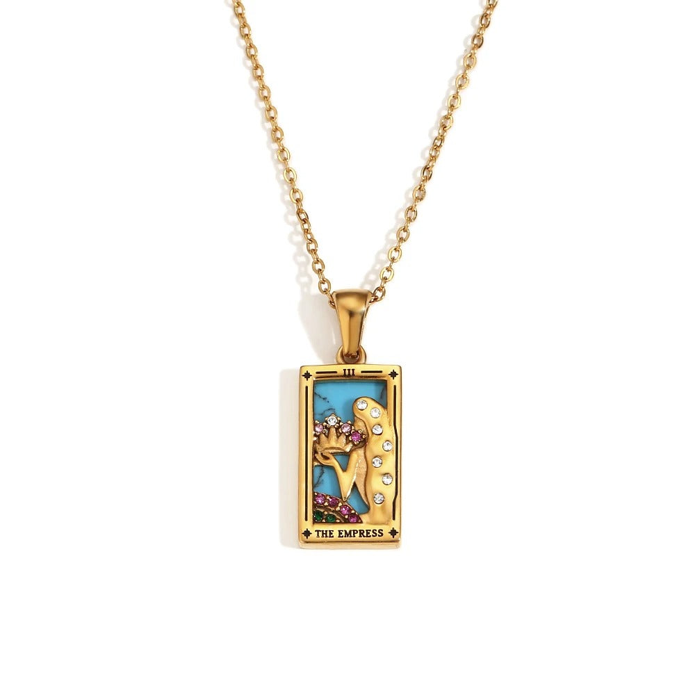 Colier Enya, auriu, cu pandantiv motive tarot, din otel inoxidabil placat cu aur 18K