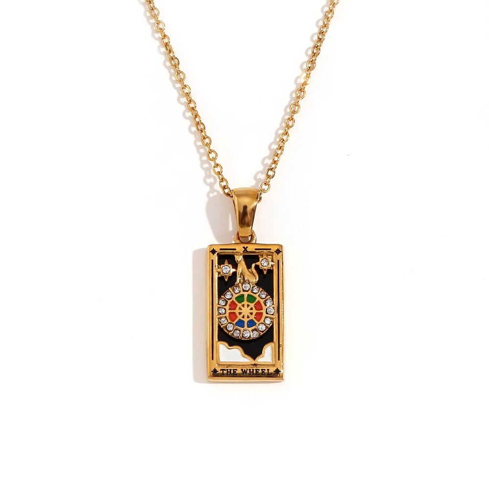 Colier Enya, auriu, cu pandantiv motive tarot, din otel inoxidabil placat cu aur 18K